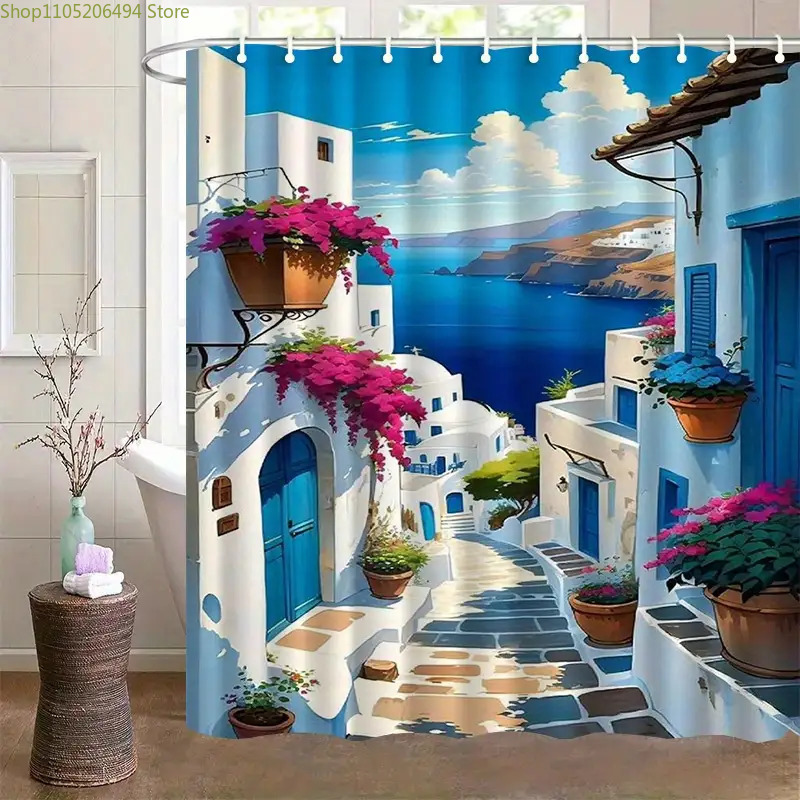 Home Decor Bathroom Ideas - ستارة حمام بتصميم جزيرة سانتوريني اليونانية